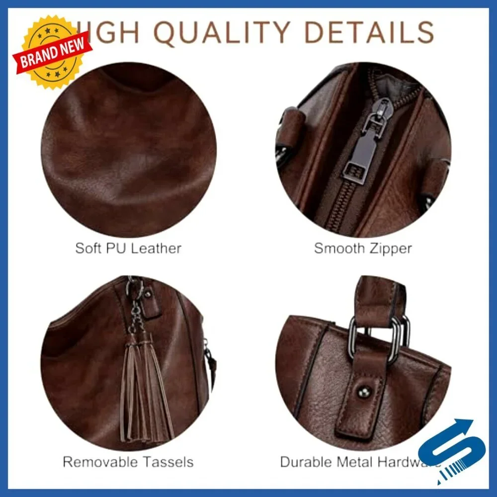 Vegan Leather Hobo Bag Tote with Guitar Strap Multi-Pocket Organization